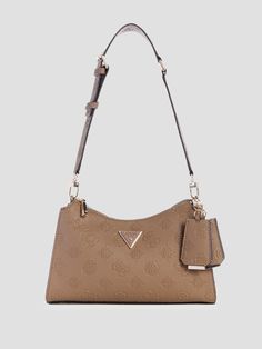 Faux-leather signature shoulder bag Peony-debossed pebble-textured construction Shiny gold-tone hardware Enameled triangle logo Multiple interior pockets Zip-top closure Shoulder strap with 12.25" drop 10.5"W x 6.5"H x 3"D Bag Guess, Triangle Logo, Zip Top, 3 D, Women Handbags, Shoulder Strap, Gold Tones, Faux Leather, Shoulder Bag