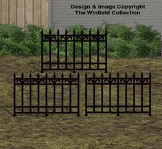 three black iron fence designs in front of a gray house with the words design & image copyright the whitfield collection