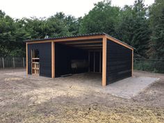 a small black shed sitting on top of a dirt field