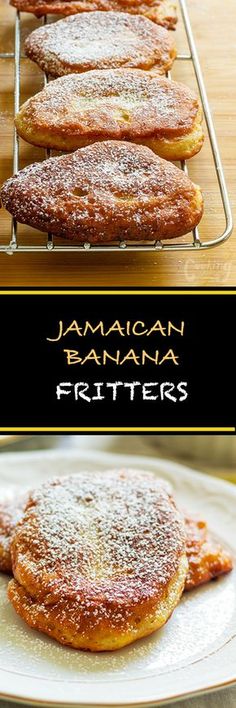 some pancakes are cooling on a rack with the words jamaican banana fritters above them