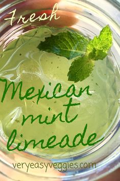 a close up of a drink in a glass with the words mexican mint limeade