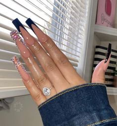 Birthday Nails Medium, Nails Navy, Pink Tip Nails, Nails Birthday, Navy Nails, Girly Acrylic, Black Fairy, Dope Nail Designs