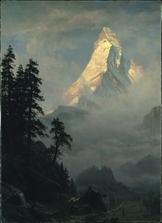 a painting of a mountain with trees in the foreground and clouds in the background