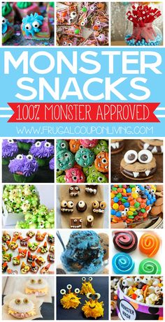 the cover of monster snacks is shown with images of monsters and other foods in it