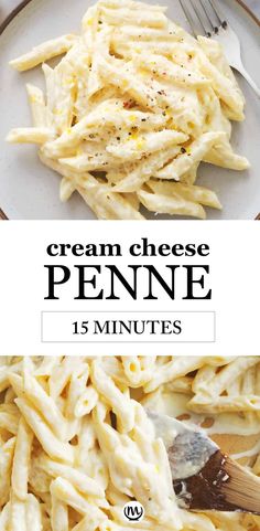 cream cheese penne on a white plate with text overlay that reads, cream cheese penne 15 minutes