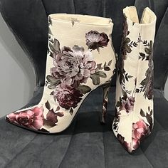 **Never Worn** Justfab Heeled Boots. Size 7 Party Boots With Floral Print And Pointed Toe, High Heel Floral Print Boots For Party, High Heel Floral Print Party Boots, Fall Floral Print High Heels, Healed Boots, Helpful Advice, Floral Boots, Just Fab Shoes, Justfab Shoes