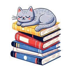 a gray cat sleeping on top of a pile of books