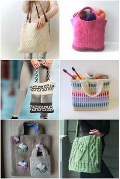 knitted bags and purses are featured in this collage