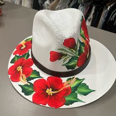 Hand Painted Sun Hat. Excellent Quality. Fits Perfectly And Steady Due To The High Quality Rubber Band On The Inside. Hand Painted Sombrero, White Fedora Panama Hat For Kentucky Derby, White Brimmed Fedora For Kentucky Derby, White Panama Hat With Curved Brim, White Flat Brim Panama Hat For Kentucky Derby, White Fedora Hat For Kentucky Derby, White Panama Hat With Short Brim For Spring, White Fedora Sun Hat For Kentucky Derby, White Curved Brim Panama Hat For Spring