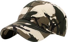 a camo baseball cap with white and black paint splattered on the front