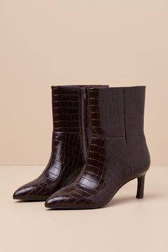 Gradie Chocolate Croc-Embossed Pointed-Toe Ankle Boots Ankle High Heel Boots, Sleek Boots, Low Heel Ankle Boots, Heel Ankle Boots, Heel Boots, High Heel Boots, Fall Wardrobe, Low Heels, Emboss