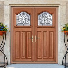 two potted plants are next to the double doors