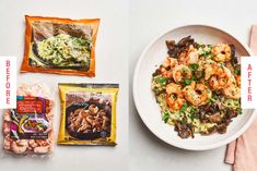 a white bowl filled with shrimp, broccoli and rice next to two bags of chips