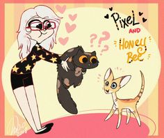 an image of a woman holding two cats on her back with the caption, pixel and honey be?