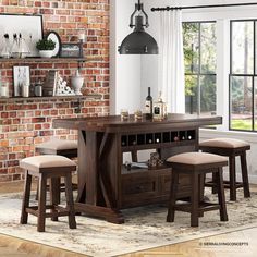 a kitchen table with stools in front of it and a brick wall behind it