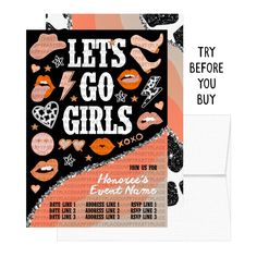 an orange and black party card with the words let's go girls on it