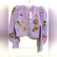 Alice + Olivia Morita Puff Sleeve Cardigan Size Small Casual Puff Sleeve Cardigan For Spring, Frog Girl, Puff Sleeve Cardigan, Alice And Olivia, Clothes Style, Sleeve Cardigan, Alice Olivia, Color Purple, Puff Sleeve