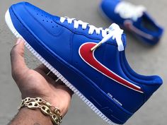 Custom Blue and Red Air Force 1s - Kiaun's Customs Custom Blue Sneakers With Red Sole And Lace-up, Custom Air Forces, Nike Shoes Photo, Looks Hip Hop, Air Force One Shoes, Nike Leather, Air Force Shoes, Nike Shoes Air Force, Custom Nike Shoes