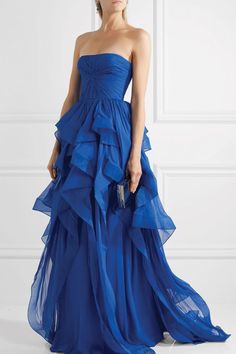 Prom Dress With Ruffles, Long Dress Formal, Non White Wedding Dresses, Blue Wedding Guest Dresses, Gowns Blue, Ruffle Long Dress, Blue Ruffle Dress, Colbalt Blue, Strapless Ruffle Dress