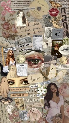 a collage with many different pictures and words on it's side, including an eye