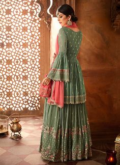 Sage Green & Coral Pink Designer Heavy Embroidered Georgette Sharara Suit-Saira's Boutique Fitted Floor-length Sets With Floral Embroidery, Fitted Floral Embroidery Floor-length Sets, Floor-length Floral Embroidery Fitted Sets, Fitted Anarkali Sets With Intricate Embroidery, Fitted Georgette Sets With Zari Work, Green Georgette Sets With Intricate Embroidery, Fitted Georgette Sets With Floral Embroidery, Fitted Green Palazzo Set With Resham Embroidery, Green Fitted Palazzo Set With Resham Embroidery