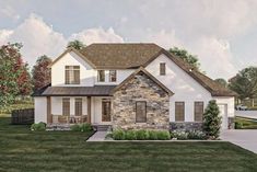 this is an artist's rendering of a house in the country style with stone and shingles