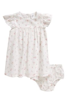 Get baby ready for fun in the sun in this breezy flutter-sleeve dress and matching bloomers made from supersoft cotton. Includes matching bloomers Dress has back button closure Cotton lining 100% cotton Machine wash, tumble dry Imported White Cotton Bloomers With Ruffles, White Cotton Ruffled Bloomers, White Ruffled Bloomers For Spring, Spring Cotton Bloomers With Ruffles, Cotton Bloomers With Ruffles For Spring, Cotton Bloomers With Ruffle Hem For Summer, Cotton Ruffled Bloomers For Playwear, Summer Cotton Bloomers With Ruffles, Summer Playtime Ruffle Bloomers