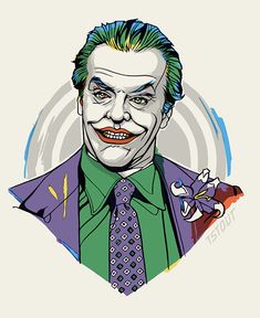 the joker with green hair is wearing a purple suit and tie, while he's smiling