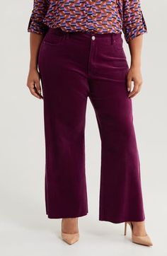 Fine-wale corduroy lends plush texture and luscious color to high-rise wide-leg pants finished with trendy raw hems. 29" inseam; 24 1/2" leg opening; 12" front rise; 19" back rise (size 18W) Zip fly with button closure Five-pocket style 98% cotton, 2% spandex Machine wash, tumble dry Imported Romantic Dress, Corduroy Pants, Loungewear Shorts, Designer Clothes For Men, Comfortable Dress, Style Mistakes, Athletic Women, Autumn Fashion Women, Fashion Essentials