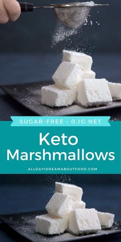 someone is sprinkling sugar onto marshmallows on a black plate with the words keto marshmallows above it