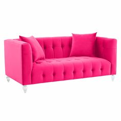 a pink couch with two pillows on it's back and one arm facing the camera