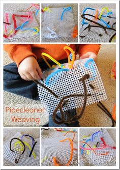 a collage of pictures showing how to make a pipe cleaner weaving project for kids