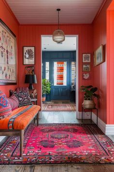 Boho Entryway Ideas, Boho Entrance, Boho Entry, Boho Hallway, Boho Entryway, Folk Decor, Vibrant Decor, Patterned Wallpaper, Boho Style Decor