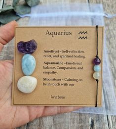 Welcome to Purus Sensa 💚  All of our crystals are hand picked for their quality & beauty.  Please message me any queries, as I'm always happy to help. The gift is designed so that the crystals can be removed safely from the card.  The set includes: 1x raw amethyst 1x aquamarine tumble 1x moonstone tumble 1x handmade gemstone bracelet / anklet  They will arrive in an organza gift bag, gift wrapped and packaged in 100% biodegradable packaging 🌏 There's an option at checkout to add a gift note wh Spiritual Zodiac Sign Bracelet Gift, Spiritual Birthstone Crystal Bracelet For Gift, Spiritual Crystal Bracelet With Birthstone As Gift, Adjustable Symbolic Crystal Bracelet For Gifting, Adjustable Healing Jewelry As A Gift, Adjustable Healing Jewelry Gift, Adjustable Symbolic Crystal Bracelet Gift, Crystals For Aquarius, Zodiac Crystals