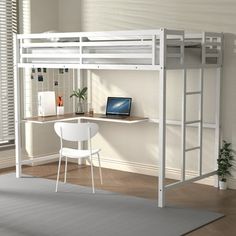 a white loft bed with desk underneath it in a room next to a window and rug