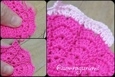 the crochet is being worked on by someone who has knitted it in pink and white