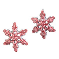 two red and white candy cane snowflakes