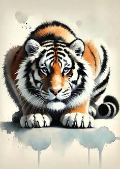 a painting of a tiger sitting on top of a white surface with paint splatters