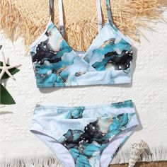 Two Nwt Shein Bikinis. Ordered The Incorrect Size For My Daughter. Shein Doesn’t Use Tags So Both Bikinis Just Have The Hygiene Sticker In The Bottoms. Black Swimsuit Bottoms, Swimsuit Set, Marble Print, Swimsuit Tops, Girls Clothing