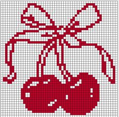 a cross stitch pattern with two cherries hanging from it's end, and the word