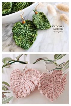 crochet heart earrings with leaves on them are shown in three different colors and sizes