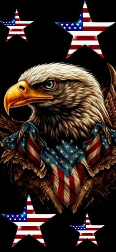 an eagle with the american flag on it's chest and stars in the background