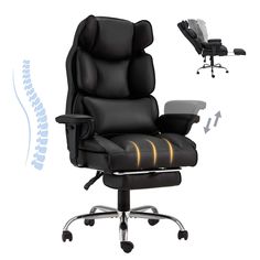 a black office chair with the seat up and an arm rest in front of it