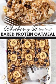 blueberry banana baked protein oatmeal in a baking dish with a fork