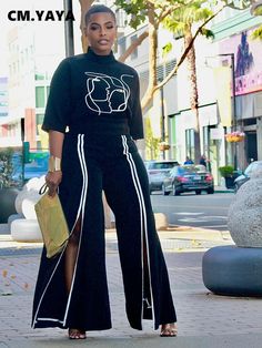 CM.YAYA Vintage Women's Set Three Quarter Stand Collar T-shirt and Split Wide Leg Pants 2024 Two 2 Black Trousers Set For Spring, Spring Black Trousers Set, 2 Piece Outfit Set, Loose Suit, Suit Blouse, Mid Waist Pants, 2 Piece Outfit, Half Sleeve Tops, Contrasting Trim