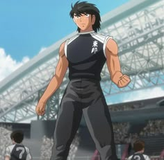 an anime character standing in front of a stadium