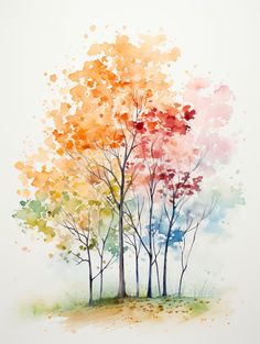 watercolor painting of trees with different colors