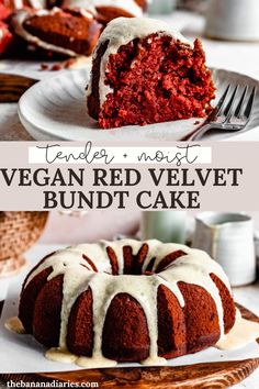 sliced vegan red velvet bundt cake with dairy free cream cheese frosting Vegan Gluten Free Bundt Cake, Dairy Free Red Velvet Cake, Vegan Bundt Cake Recipes, Dairy Free Bundt Cake, Red Velvet Bundt Cake Recipe, Vegan Bundt Cake, Vegan Red Velvet Cake, Red Velvet Bundt, Vegan Red Velvet