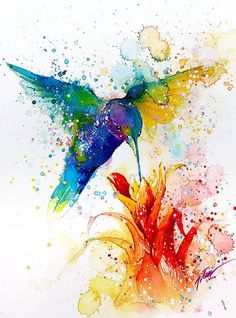 a painting of a colorful bird flying over a flower with watercolor splashes on it