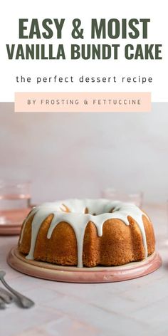 a bundt cake with white icing sitting on a plate